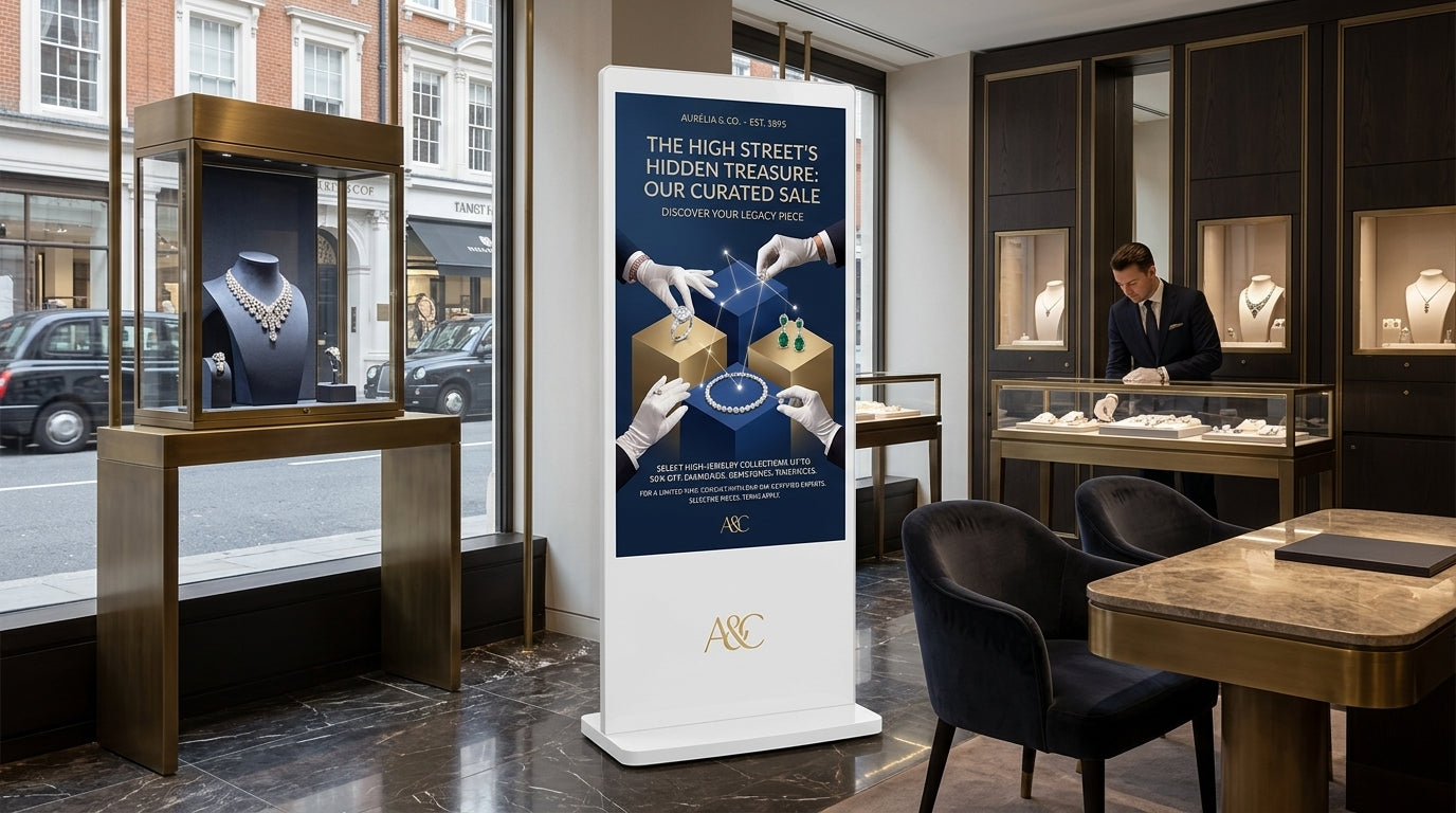 Jewelry store interior with a promotional standee for a high street treasure hunt event. Indoor Advertising Displays UK , Commercial Grade, Free Animated Design Included