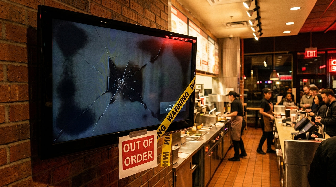 Consumer TV used as digital signage failing in UK retail environment showing screen damage and backlight failure during business hours