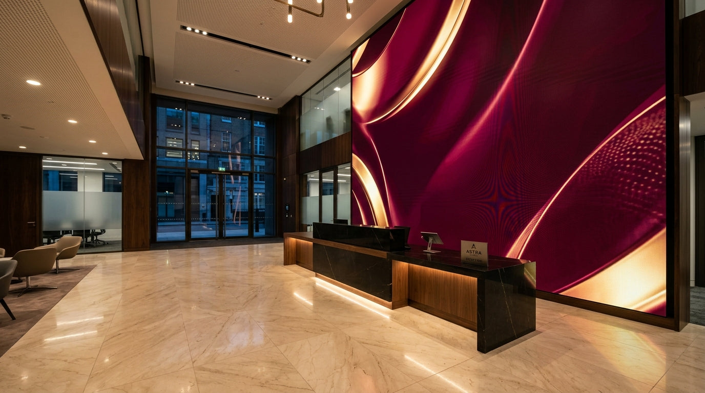 DV-LED video wall installation in UK corporate reception — seamless large-format LED display with rich brand content : Khazina Digital
