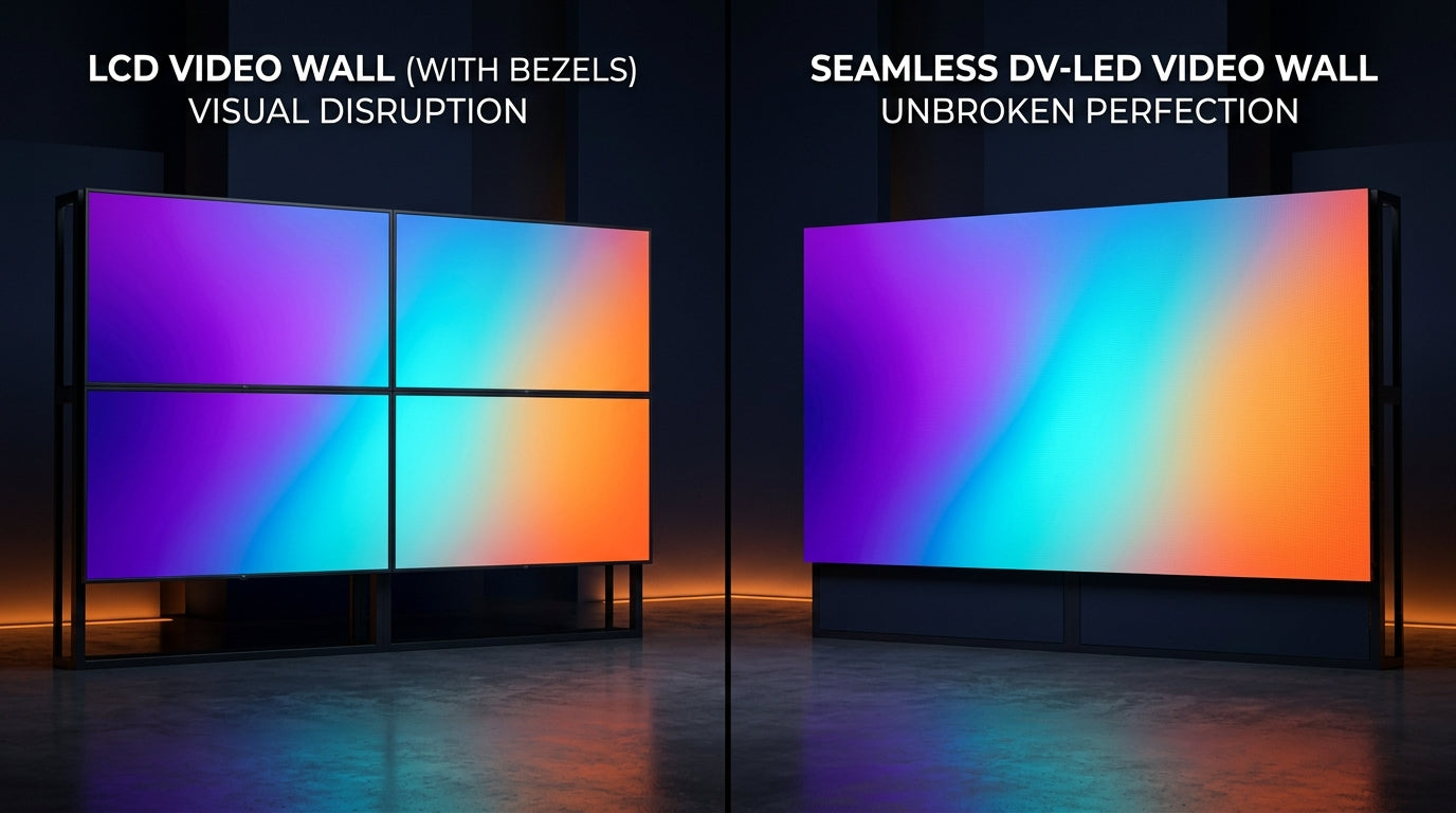 DV-LED vs LCD video wall side-by-side comparison showing seamless LED display versus visible bezels on LCD panels