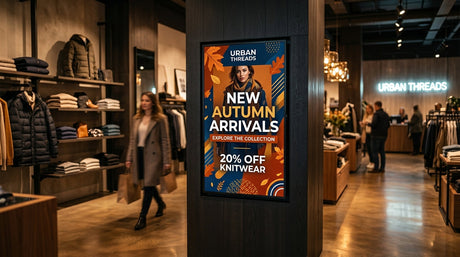 Indoor advertising display screen mounted on wall inside UK retail shop showing promotional content — Khazina Digital