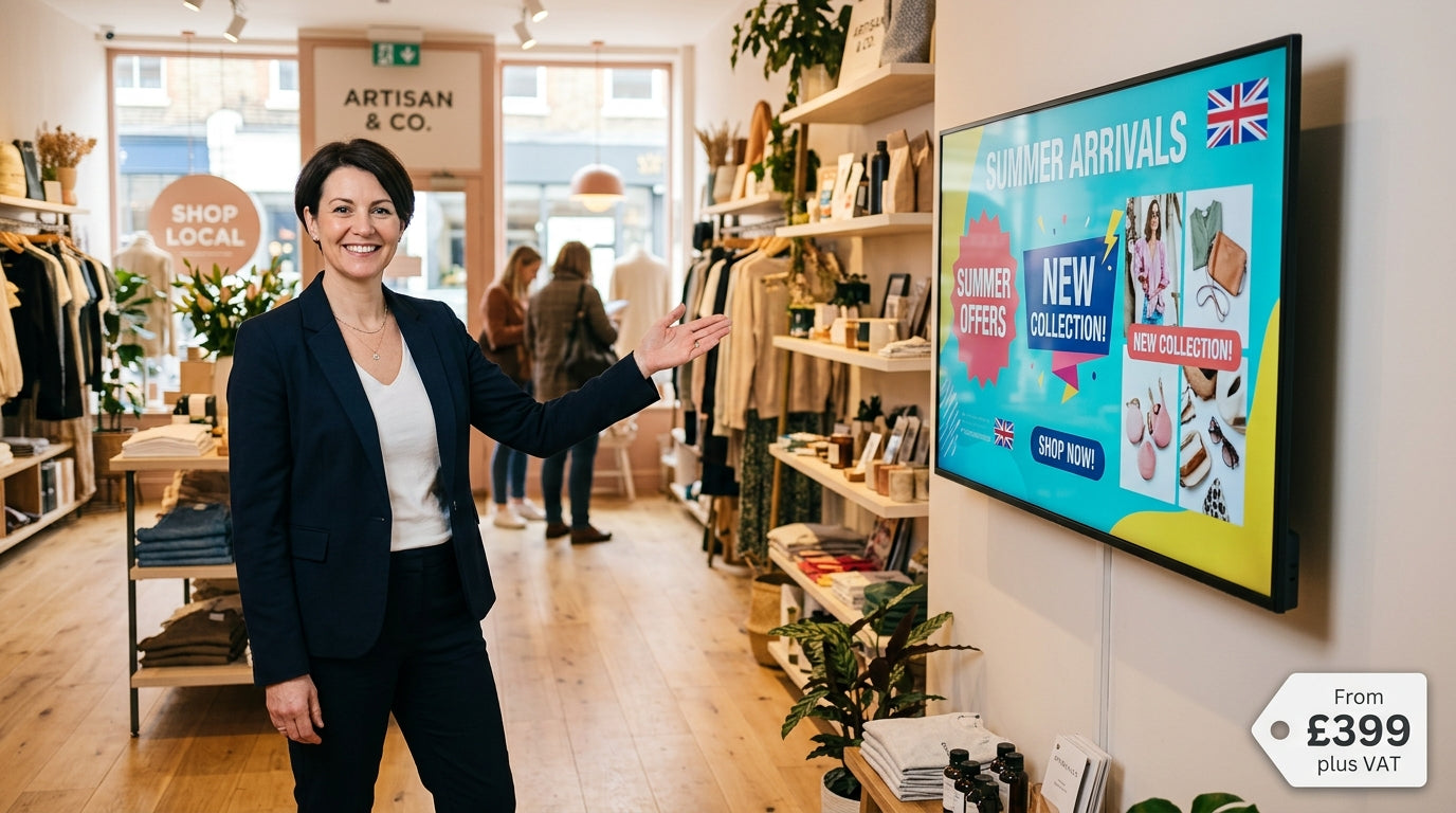 Indoor advertising display in UK retail shop showing animated promotional content from £399 plus VAT with free bespoke design — Khazina Digital