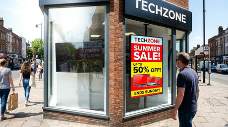 Consumer TV washed out versus commercial high-brightness window display clearly visible in UK shop window in daylight — Khazina Digital