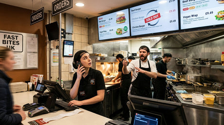 UK QSR kitchen staff 86-ing item on digital menu board via CMS smartphone update in real-time — Khazina Digital