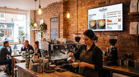 Slimline Pro digital menu board behind UK independent coffee shop espresso machine showing animated drinks menu and seasonal special — Khazina Digital