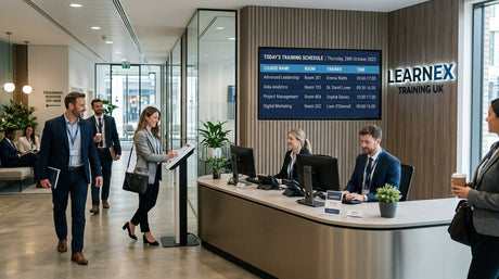 UK corporate training centre reception with professional digital signage screen showing today's course schedule and room allocations