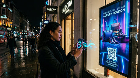 Customer scanning QR code on UK retail window display screen with phone opening mobile product page — digital signage screen to phone handoff
