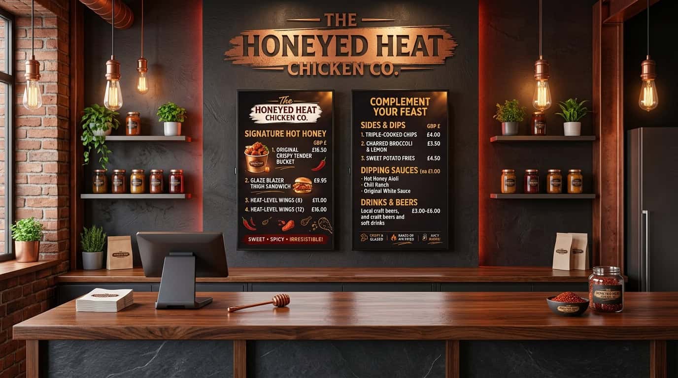 Professional digital signage content design on a commercial screen in a UK restaurant