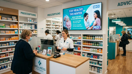 A modern UK pharmacy interior with a wall-mounted digital screen displaying a health campaign, pharmacist visible in the background