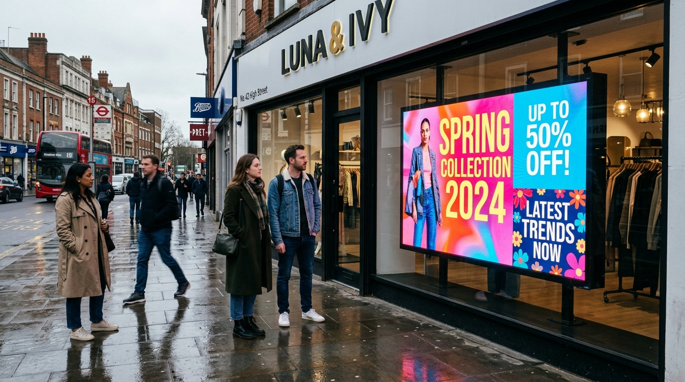 High-brightness digital window display in UK retail shop window attracting passersby on busy high street — Khazina Digital