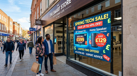 High-brightness commercial digital window display showing pricing and promotions in UK retail shop window in bright sunlight — Khazina Digital