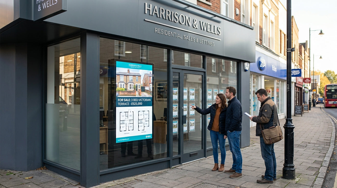 3500cd/m² Ultra High Brightness window display in UK estate agent branch showing animated property listings clearly in afternoon sunlight — Khazina Digital