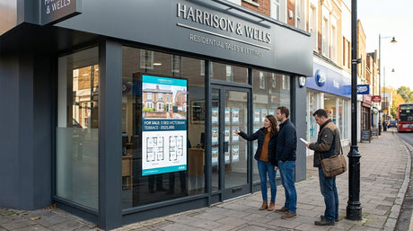 3500cd/m² Ultra High Brightness window display in UK estate agent branch showing animated property listings clearly in afternoon sunlight — Khazina Digital