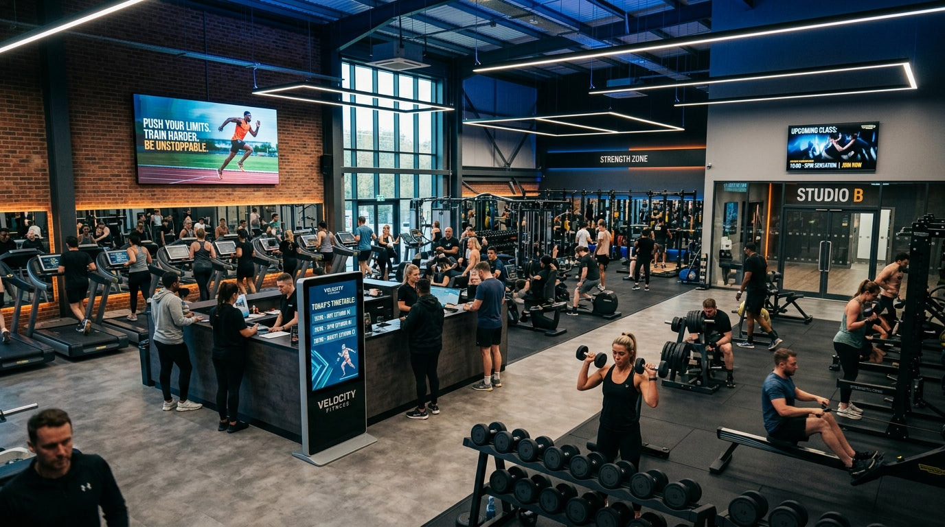 Modern UK gym with multiple indoor advertising displays showing class timetables motivational content and membership promotions — Khazina Digital