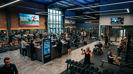 Modern UK gym with multiple indoor advertising displays showing class timetables motivational content and membership promotions — Khazina Digital
