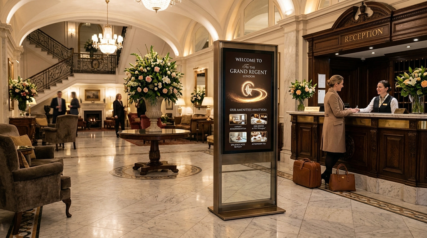 Premium UK hotel lobby with elegant freestanding digital advertising totem showing animated welcome message and hotel amenities — Khazina Digital