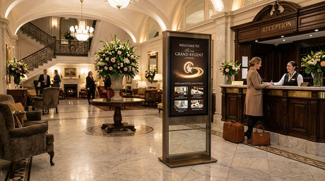 Premium UK hotel lobby with elegant freestanding digital advertising totem showing animated welcome message and hotel amenities — Khazina Digital
