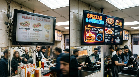 Consumer TV versus commercial digital menu board side by side comparison in a UK takeaway restaurant showing brightness and quality difference — Khazina Digital
