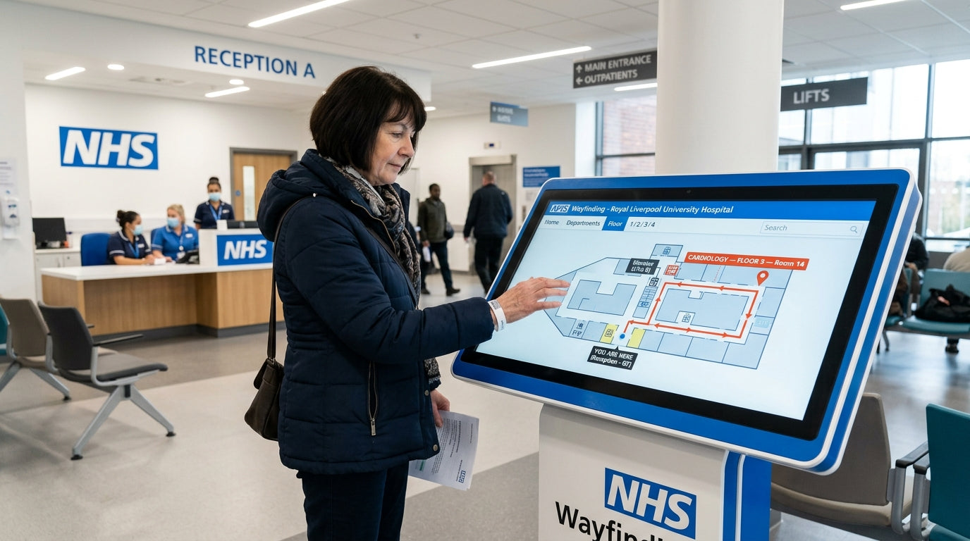 Patient using interactive touchscreen wayfinding kiosk in UK hospital reception to navigate to cardiology department — Khazina Digital