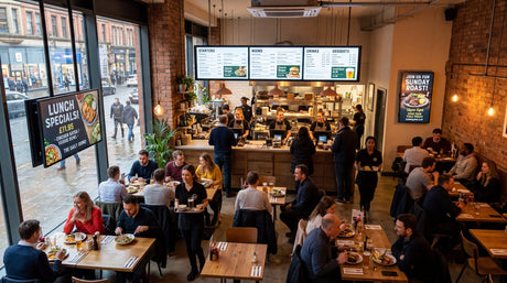 UK restaurant with digital signage across multiple zones showing window display menu board and waiting area screen — Khazina Digital