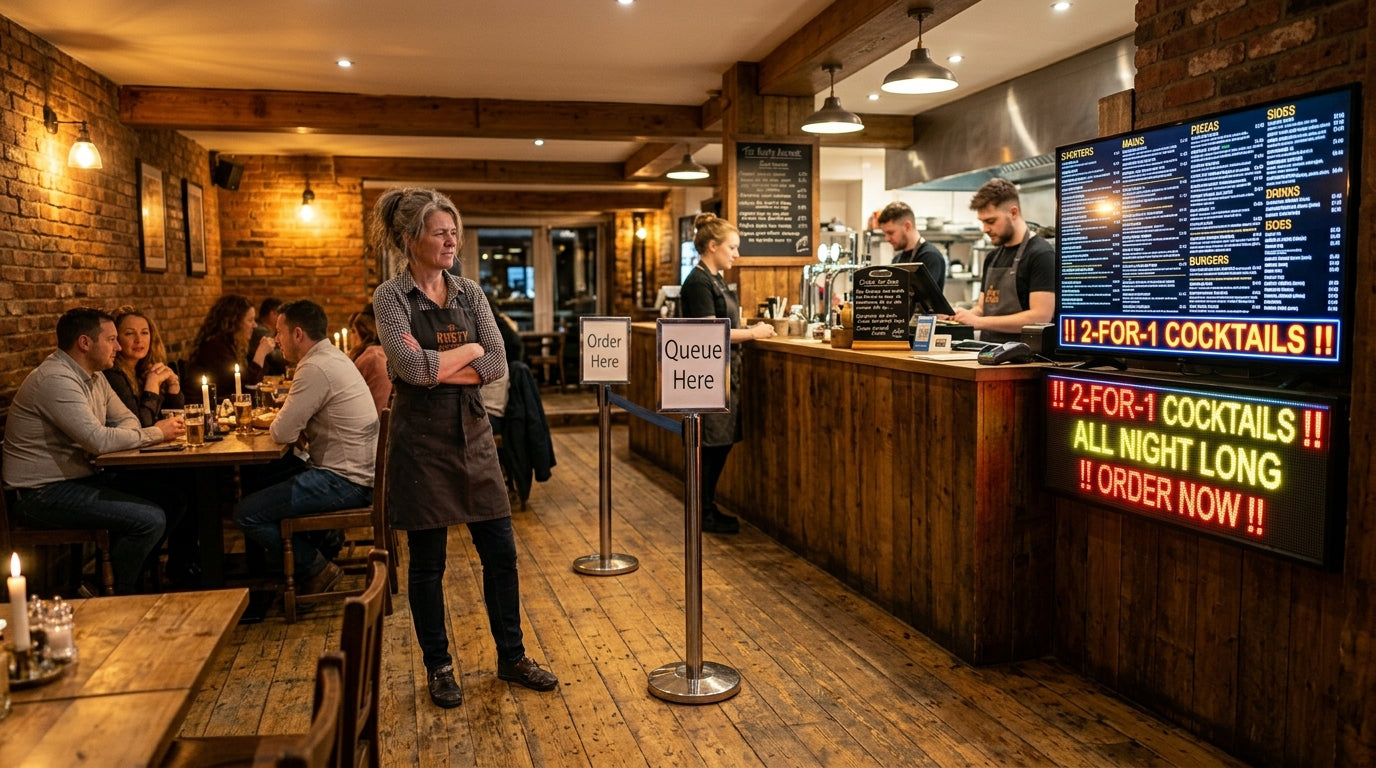 UK restaurant owner standing 10 feet from unreadable cluttered digital menu board squinting at tiny text — Khazina Digital