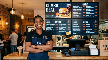 Confident UK restaurant owner at counter in front of professional digital menu board showing clear ROI from investment — Khazina Digital