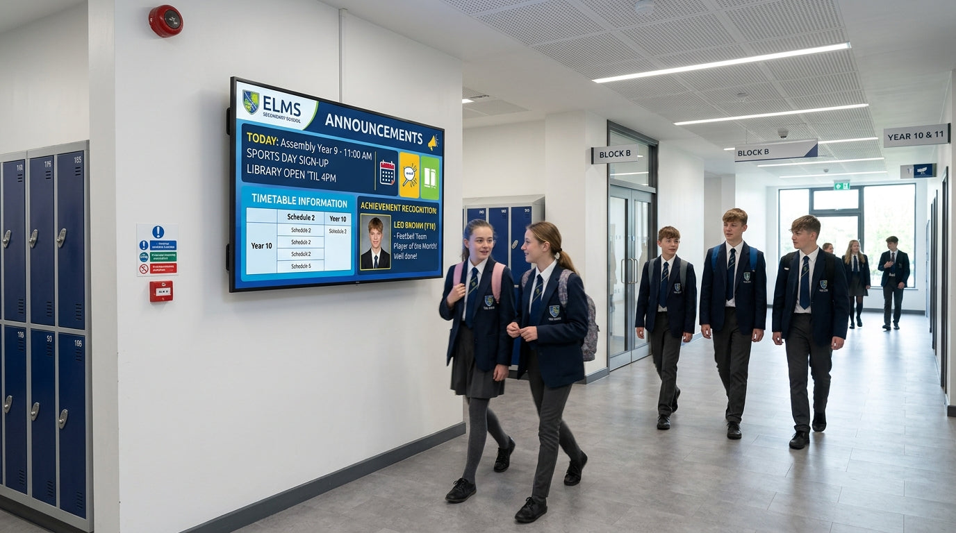 Commercial digital signage screen in UK secondary school corridor showing animated announcements timetable and achievement content — Khazina Digital