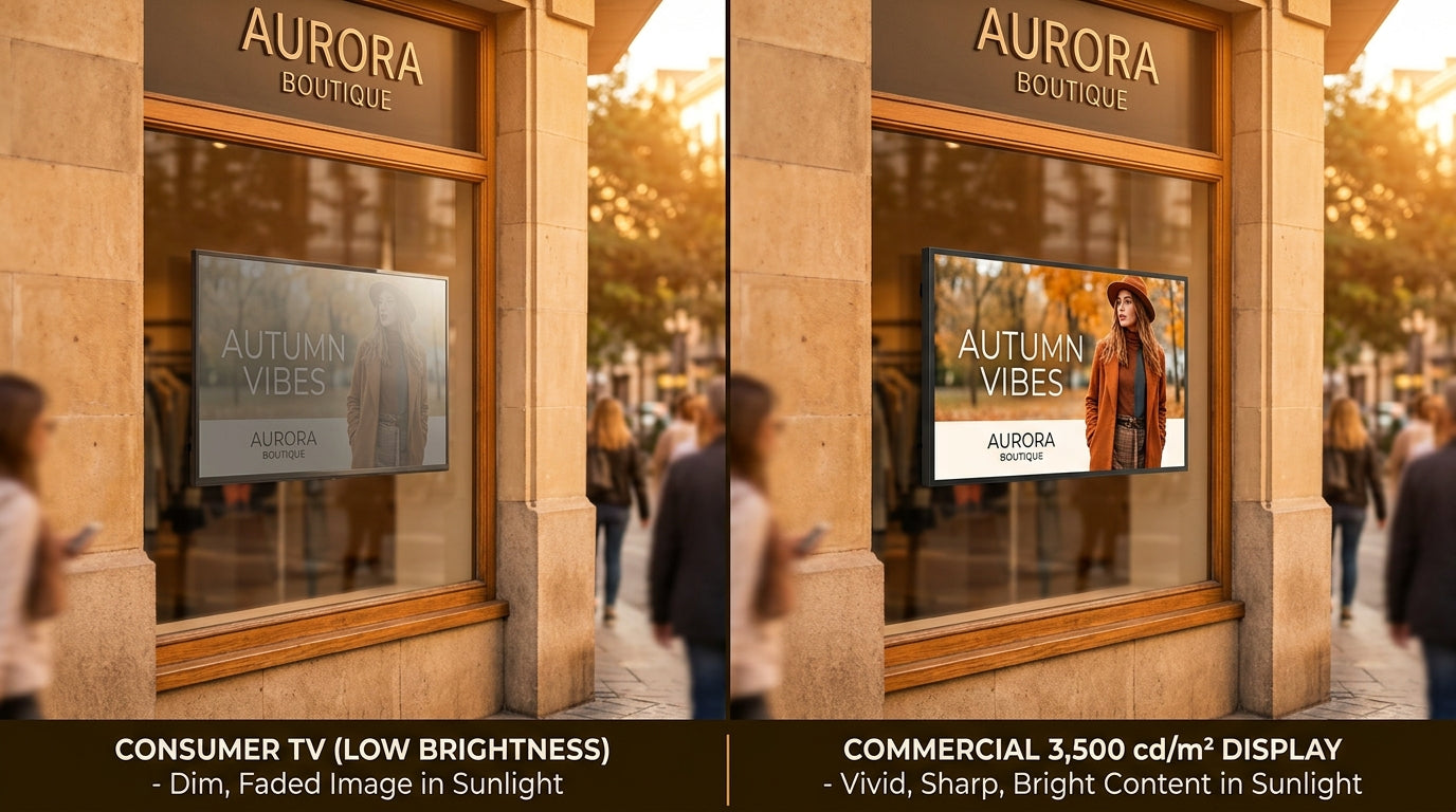High Brightness Window Display UK — 800 vs 3,500cd/m² Guide | KhazinaDigital