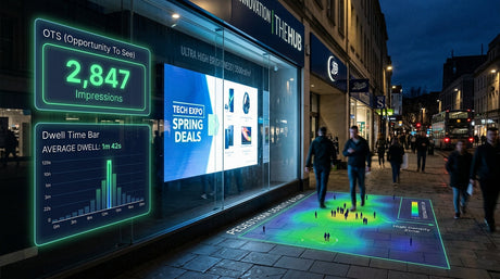 UK shop window display screen with AI audience analytics overlay showing OTS impressions dwell time and pedestrian heat map data