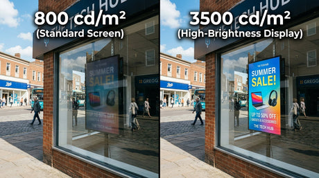 Side by side comparison 800cd/m² screen washed out versus 3500cd/m² commercial window display vivid in UK daylight — Khazina Digital