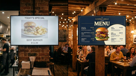 Split image showing UK restaurant digital display with amateur stock photo content versus professionally designed animated signage content