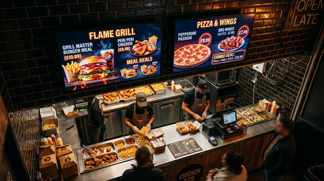 Two digital menu boards behind UK takeaway counter showing animated menu content with food photography and combo deals — Khazina Digital