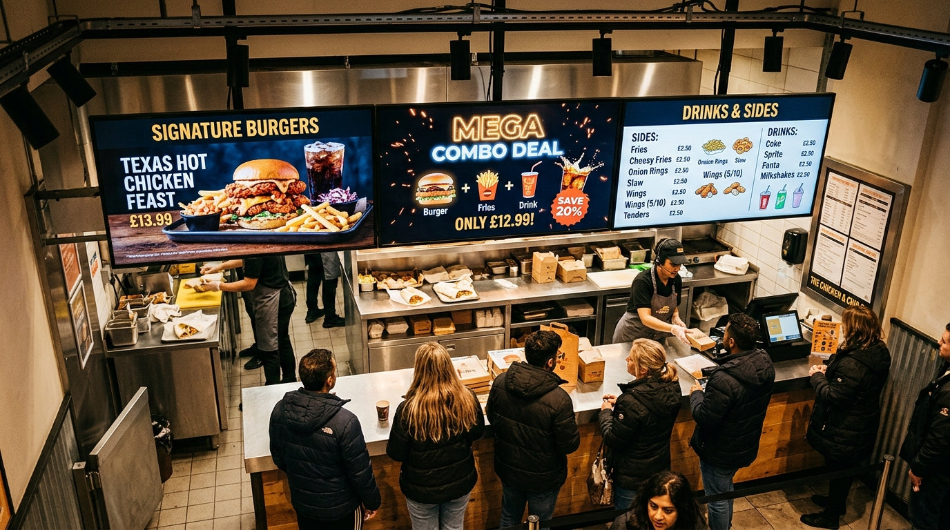 Triple-screen digital menu board above UK takeaway counter showing food photography combo deals and drinks menu — Khazina Digital
