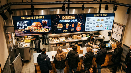 Triple-screen digital menu board above UK takeaway counter showing food photography combo deals and drinks menu — Khazina Digital