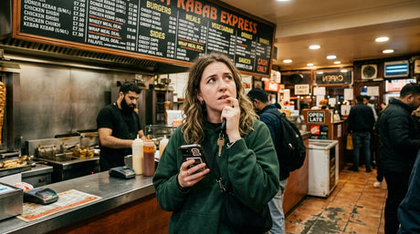 Gen Z young woman experiencing menu anxiety at UK restaurant counter staring at text-only menu board with no food photography