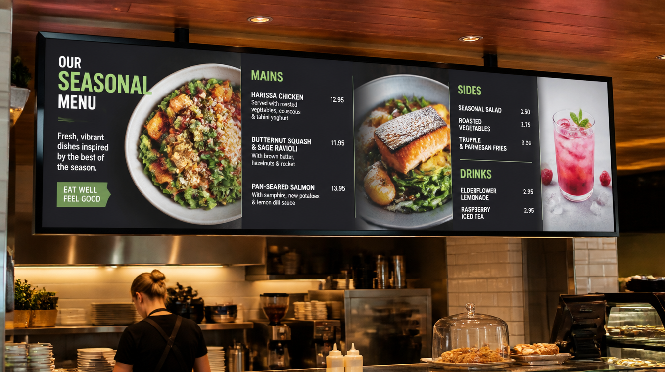 UK restaurant with vivid professional animated digital menu board — is monthly managed design service worth it for UK restaurants and food businesses?