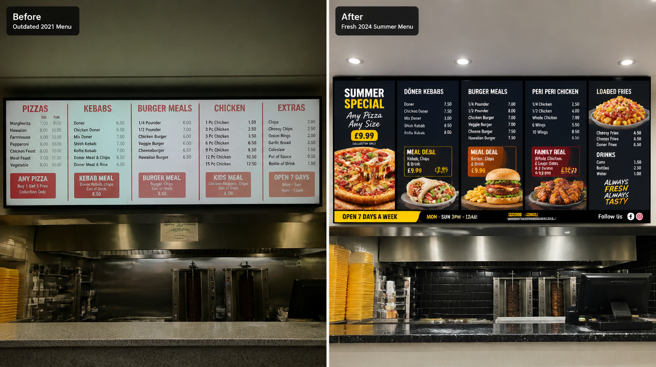 Before and after: UK takeaway with outdated digital menu board versus fresh professionally designed animated menu board — KhazinaDigital redesign service