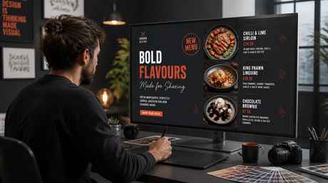 Professional graphic designer creating a stunning animated digital menu board design for a UK restaurant — KhazinaDigital content design service from £150+VAT