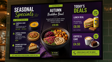 Close-up of beautifully designed professional digital menu board in UK café showing five content zones — CleverPosters managed design service