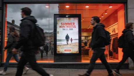 UK high street shop window with commercial digital signage display showing stale content while pedestrians walk past — KhazinaDigital