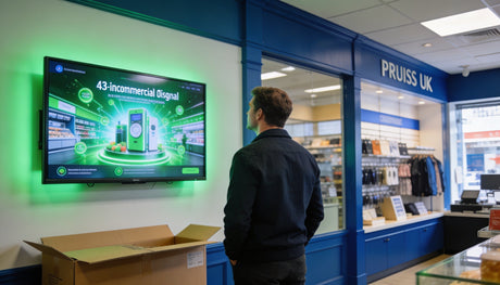 43-inch commercial digital signage screen freshly installed in UK retail shop showing vivid animated display — KhazinaDigital