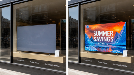 Split comparison: consumer TV washed out invisible in UK shop window sunlight versus vivid 3500cd commercial display in identical conditions — KhazinaDigital
