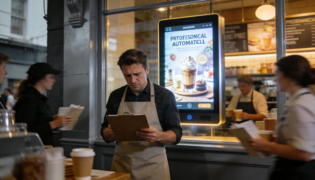 Busy UK café owner managing restaurant while a professional digital window display updates automatically with animated content in background — KhazinaWindow Active