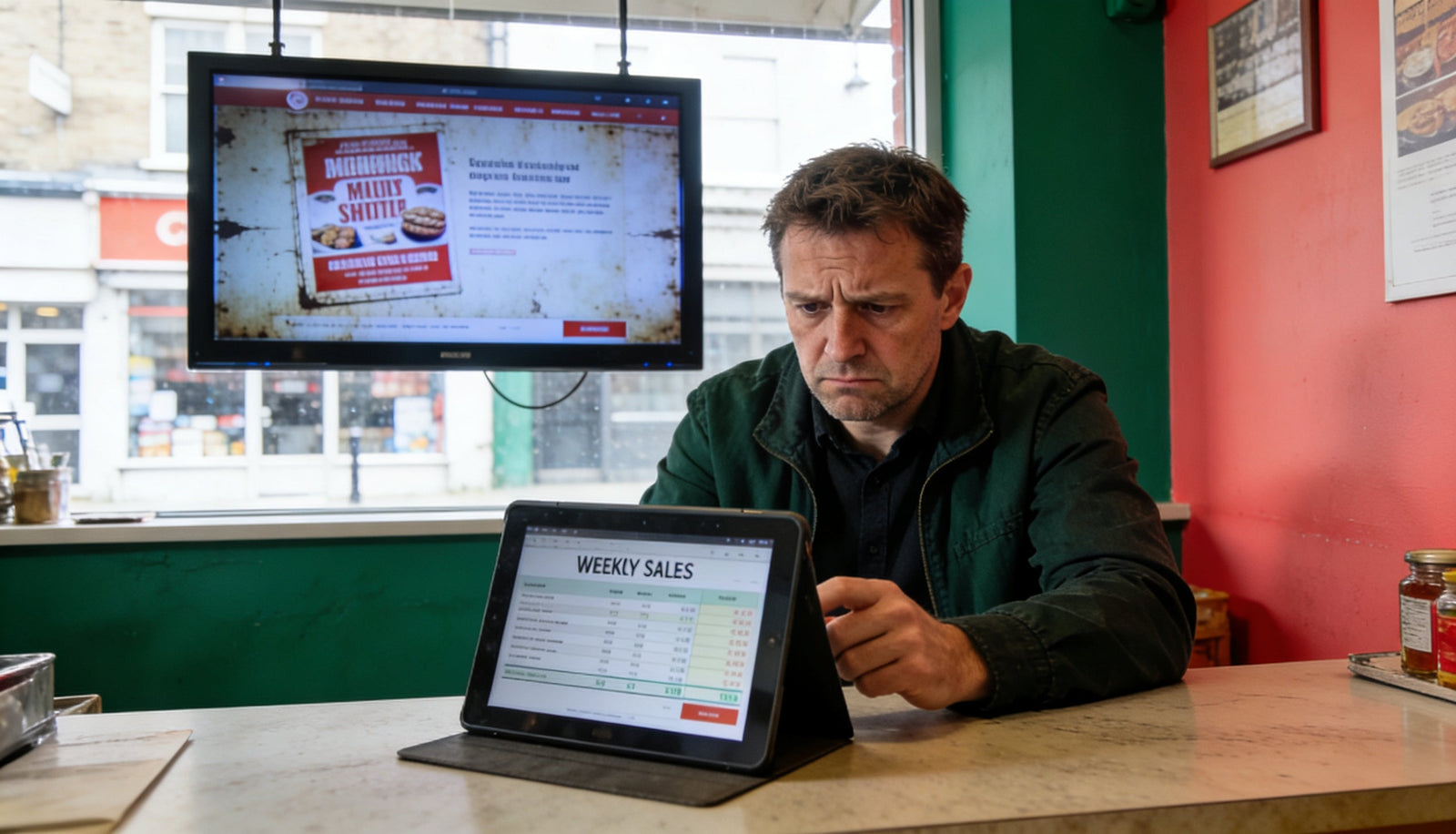 UK shop owner reviewing disappointing sales figures while digital window display screen runs in background showing unchanged content — KhazinaDigital rescue plan