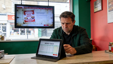 UK shop owner reviewing disappointing sales figures while digital window display screen runs in background showing unchanged content — KhazinaDigital rescue plan