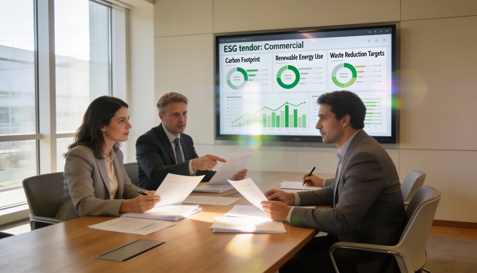 UK procurement team reviewing ESG tender documents with digital signage screen — KhazinaDigital