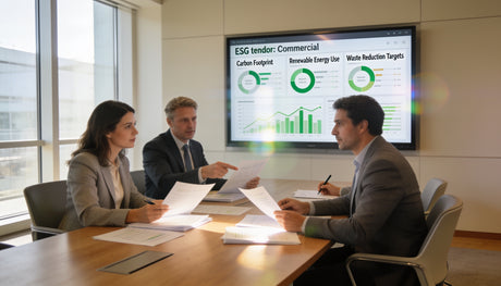 UK procurement team reviewing ESG tender documents with digital signage screen — KhazinaDigital