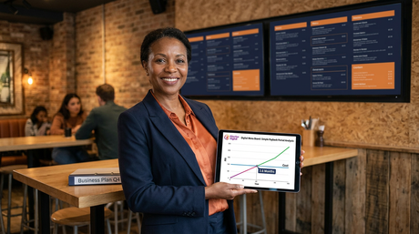 Business owner reviewing digital signage payback period chart on tablet, Khazina Digital