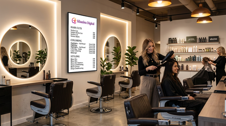 Hair salon interior with digital signage screen showing service menu