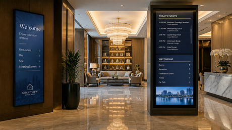 UK hotel lobby with elegant digital signage screens showing welcome messages and event schedules